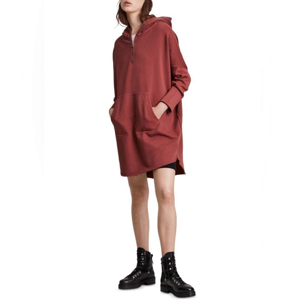EUC AllSaints Xonda Long Sleeve Hoodie Dress - Wild Berry Red - Large
